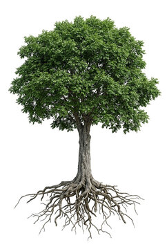 Mature Louro Preto tree, dense tropical green crown with sturdy trunk and exposed roots, full tree visible, 23 ratio, isolated on seamless pure white background