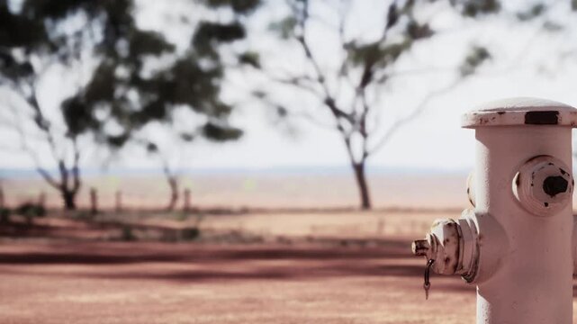 A white fire hydrant is positioned in front of a tree in a wide open area. The ground is dry and flat. The sky is bright with few clouds, showing a clear view.