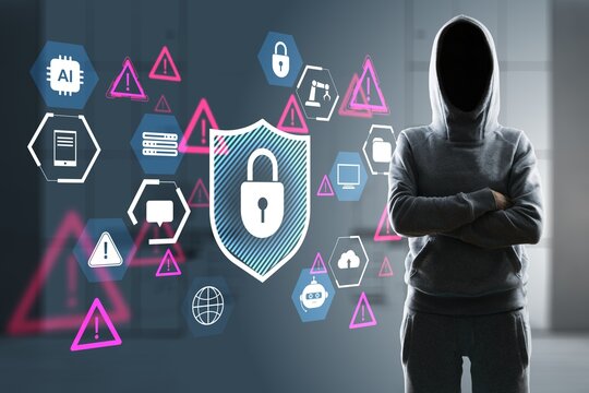 Anonymous hacker in hoodie beside shield lock and warning icons representing digital cybersecurity threats, privacy protection and secure data defense.
