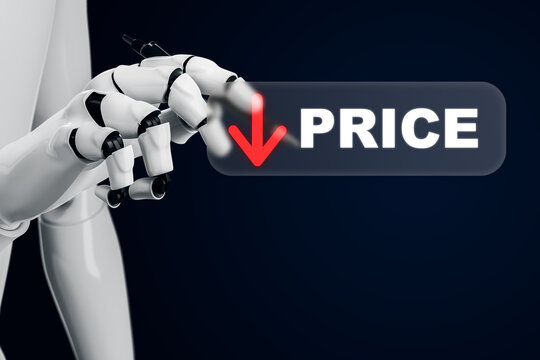 Artificial intelligence robot indicating falling price for fintech algotrading technology concept on dark background. 3D Rendering