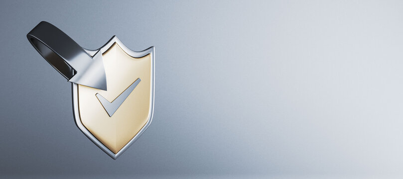 Metallic shield with checkmark symbol for digital security, verification, approval, and cyber protection on clean copyspace background. 3D Rendering