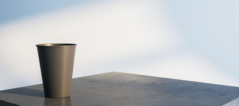 Blank coffee cup mockup on a clean concrete surface with soft light, empty copy space for branding design template presentation. 3D Rendering