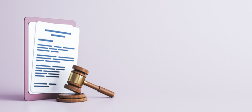 Justice document with wooden gavel and blank legal contract for corporate law concept on a clean pastel background with copy space. 3D Rendering