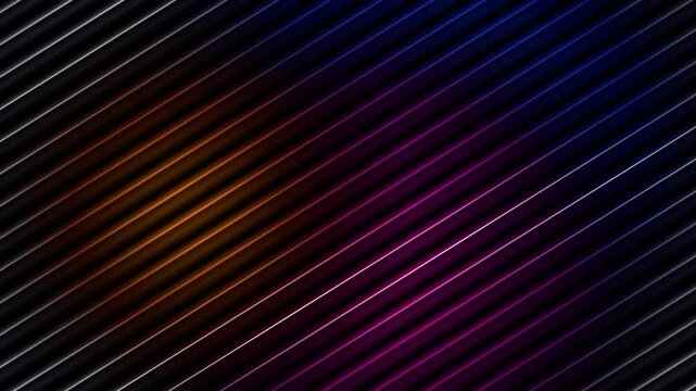 Abstract diagonal glowing lines background with shifting pink orange and blue neon light waves moving across dark metallic linear textures