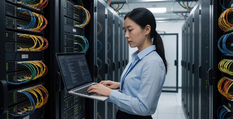 Fototapeta premium Asian female system administrator uses laptop computer in high tech data center. Young woman engineer works among server racks for software config, cloud computing maintenance. Pro technician
