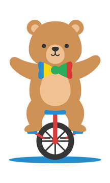 Cute cartoon bear with a colorful bowtie performing a balancing act on a unicycle isolated on white playful circus performance concept