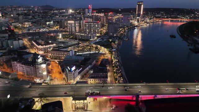 Belgrade, Serbia - April 18, 2026: View of Belgrade at night from a drone. View of Brankov bridge and Belgrade waterfront