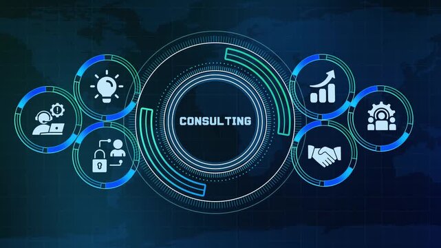 Professional advisory and strategic consulting HUD digital interface background with futuristic technology icons for business solutions