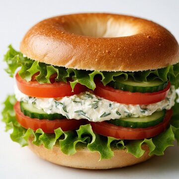 Fresh bagel sandwich filled with creamy cheese spread lettuce tomato and cucumber slices. Healthy vegetarian breakfast or lunch option on white background. Delicious simple meal.