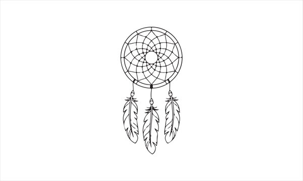 Traditional circular dreamcatcher with hanging feathers outline vector