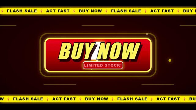 A vibrant promotional graphic featuring a prominent 'BUY NOW' button with 'LIMITED STOCK' text, framed by yellow warning-style banners repeating 'FLASH SALE', 'ACT FAST', and 'BUY NOW' slogans.
