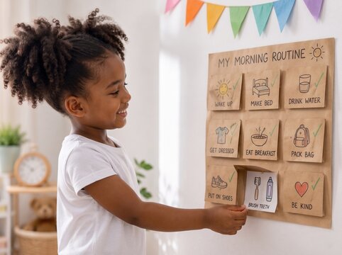 Cute little African American girl interacting with a visual morning routine chart on the wall at home, child development concept