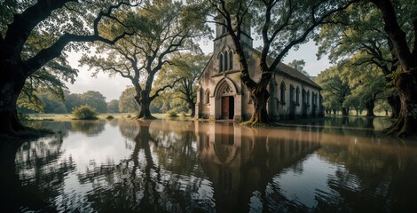 Naklejka premium Old stone church building flooded by water in green forest. Large trees surround historic architecture with clear water reflections. Flooding disaster affects religious site in nature landscape.