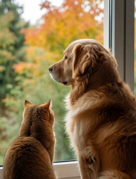 Golden retriever dog, orange tabby cat sit by window. Pets look outside at autumn trees with colorful leaves. Domestic animals watch nature through glass on sunny day. Cute furry companions enjoy