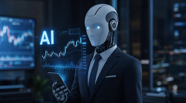 AI humanoid robot in business suit analyzing stock market chart on smartphone in night office