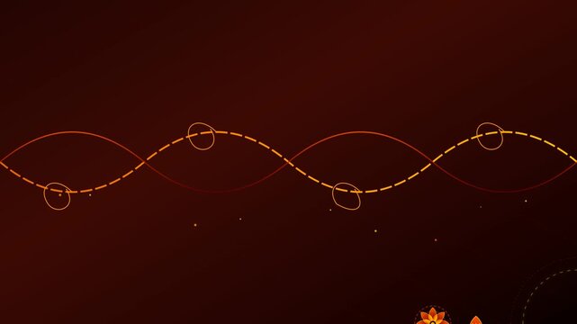 Continuous batik inspired motion graphic featuring glowing orange sine wave lines and dashed curves with floral accents on a dark reddish brown patterned background in 4K resolution.