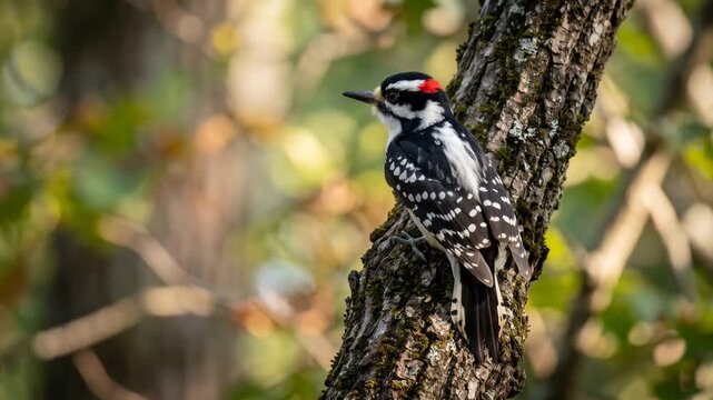 hairy woodpecker resting close up at morning light in yellowstone national park usa video