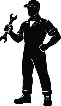 Silhouette of a mechanic holding a wrench against a white background