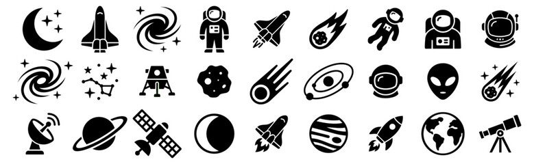 A comprehensive black vector icon set comprising 30 individual elements related to space exploration and astronomy, isolated on a white background, featuring astronauts, spacecraft, celestial bodies,  © Vasyl Yurlov