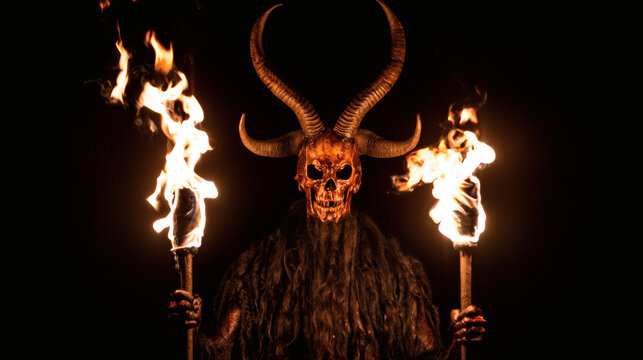 Horned Skull Figure Holding Flaming Torches on Black Background &ndash; Dark Fantasy Illustration