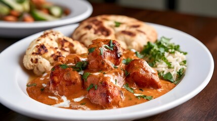 Fototapeta premium A plate of rich red curry with meatballs rice naan bread and roasted cauliflower garnished with fresh herbs