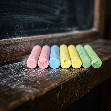 Colorful pastel chalk sticks lined up on a rustic wooden classroom chalkboard