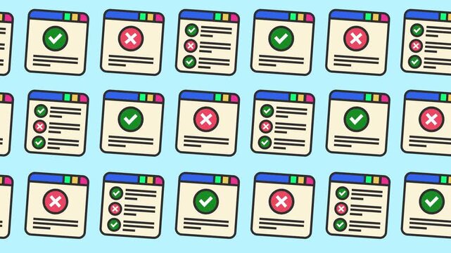 Seamless pattern of web browser windows with checkmark pass, cross mark error, and survey checklist icons on a light blue background animation for approval notification and user feedback wallpaper.