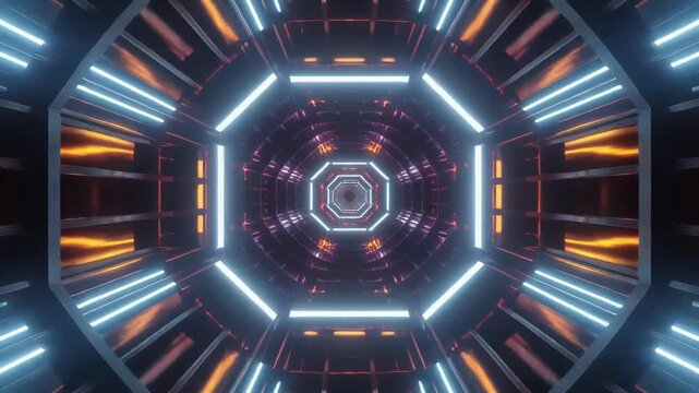 Futuristic Octagonal Tunnel with Neon Lights and Geometric Patterns in Motion