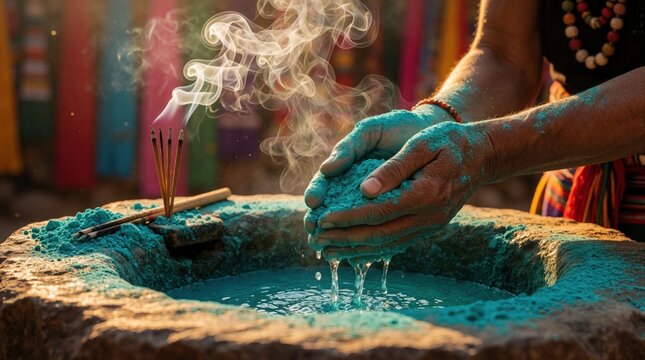 Hands wash with bright turquoise powder, water in stone basin. Incense sticks burn with rising smoke during spiritual ritual. Traditional cleansing ceremony at Hindu festival shows colorful pigment,