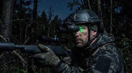 Fototapeta premium Man soldier using night vision device in dark forest. Tactical military reconnaissance with thermal imager. Armed commando officer during night observation and special operation mission.