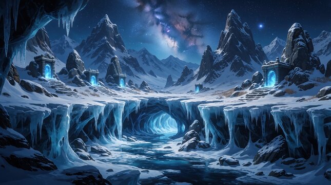 Frozen ice cave with blue glowing portals in snowy mountain landscape. Icy river flows through glacial rock formations under starry night sky. Mystic arctic scenery with magic gates in winter