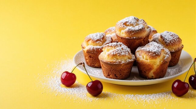 Fresh popover pastries with powdered sugar on white plate. Red cherries, sweet baked muffins on bright yellow background. Delicious breakfast dessert concept for National Cherry Popover Day