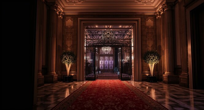 Design a grand prom night entrance visual that merges bold architectural elements dramatic lighting and refined decor to orchestrate an unforgettable arrival experience for a prestigious event