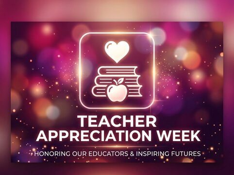 Teacher appreciation week card with glowing neon frame and books and apple