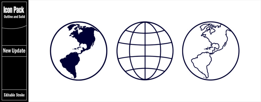 Set of dark blue earth globes with world map outlines and coordinate grids for international business. Minimalist new update icon vector