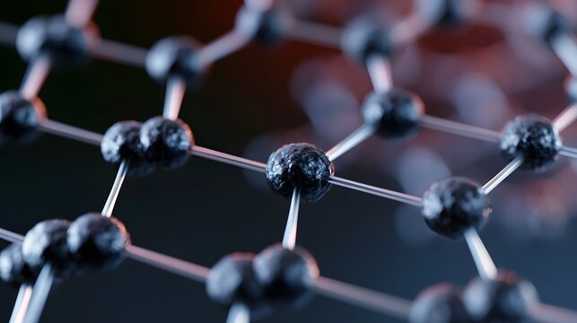 Close up view of a two dimensional material lattice with interconnected nodes and bonds forming a hexagonal grid pattern