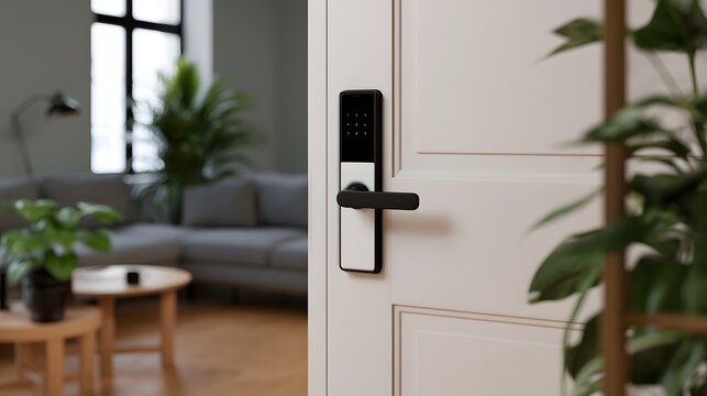 Modern digital smart lock mounted on a white interior door  with blurred living room furniture and green plants in background