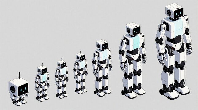 Series of robots in progressive stages of design and build. From small cute bot to full size humanoid machine. Shows evolution of tech and automation progress, robotic development.