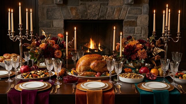 Thanksgiving dinner table with roasted turkey, candles, and autumn floral centerpieces in front of a fireplace