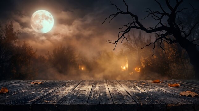 Spooky wooden table platform in a dark forest background for a festive halloween party display