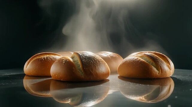 Product ad video of bread rolls on a rotating mirrored surface with reflections sparkling, soft steam drifting upward