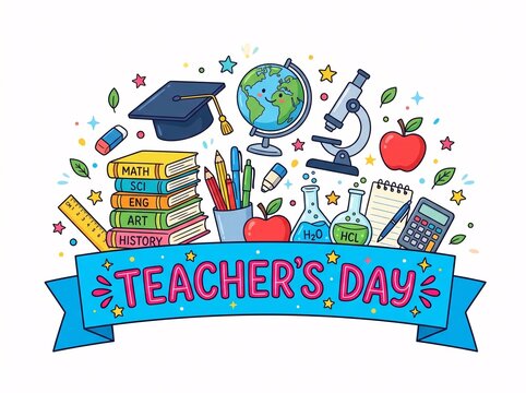 Happy teachers day banner with stacked books globe microscope and school