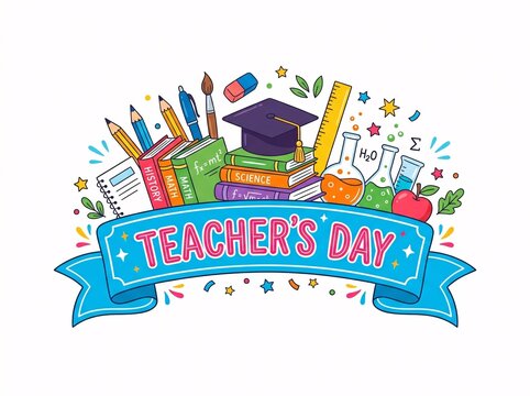 Happy teachers day colorful school supplies illustration with graduation cap