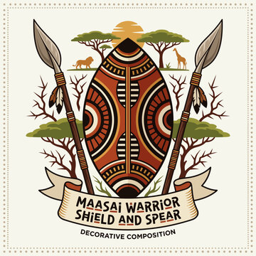 Traditional African Maasai warrior shield and spear decorative composition