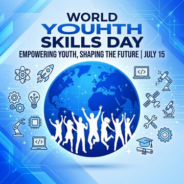 World youth skills day poster banner template with globe and icons vector