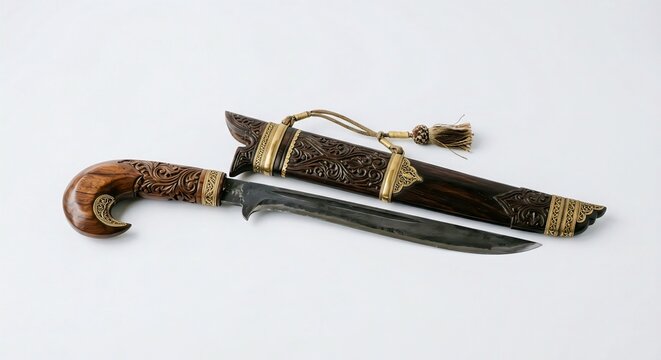 Collection of traditional Indonesian weapons, kris, daggers, and swords isolated on white background