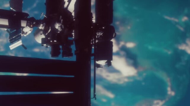 A view of a space station against the backdrop of Earth from orbit. The station has various modules and solar panels. The image captures the details of the structure and blue planet below.