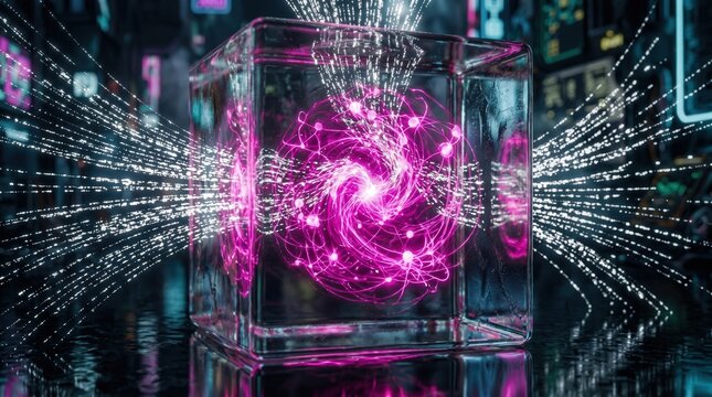 Glowing pink energy sphere inside a transparent glass cube with digital light trails in a futuristic cyberpunk setting