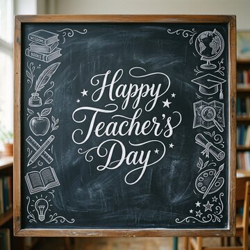 Happy teachers day lettering on black chalkboard with education doodles