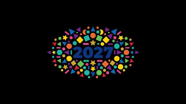 2027 numeric text display featuring colorful geometric shapes in a festive pattern arrangement, showcasing a vibrant motion animation clip for celebrating the bright upcoming new year.